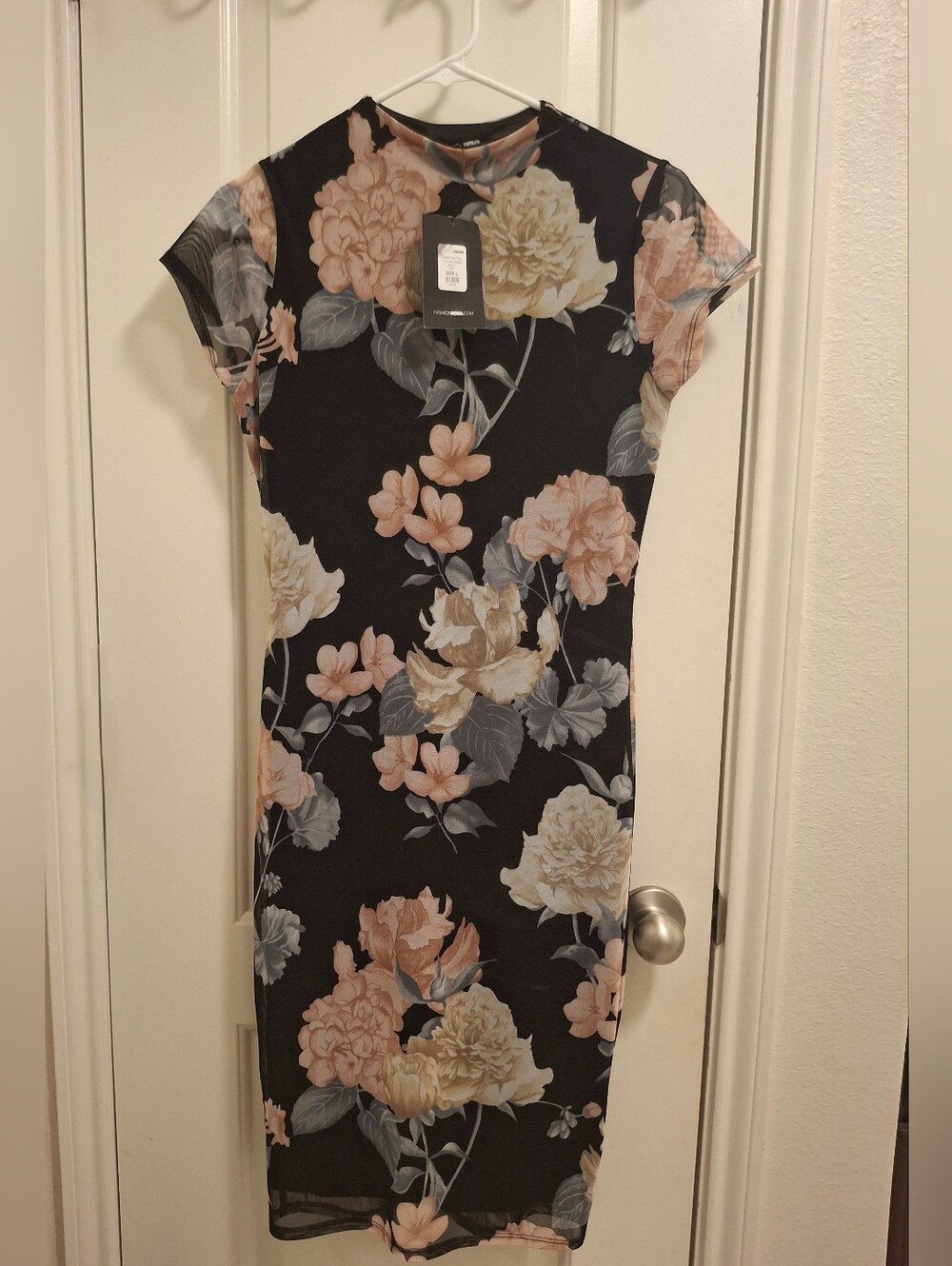Fashion Nova Black Floral Midi Dress with Blush & Cream Blooms
